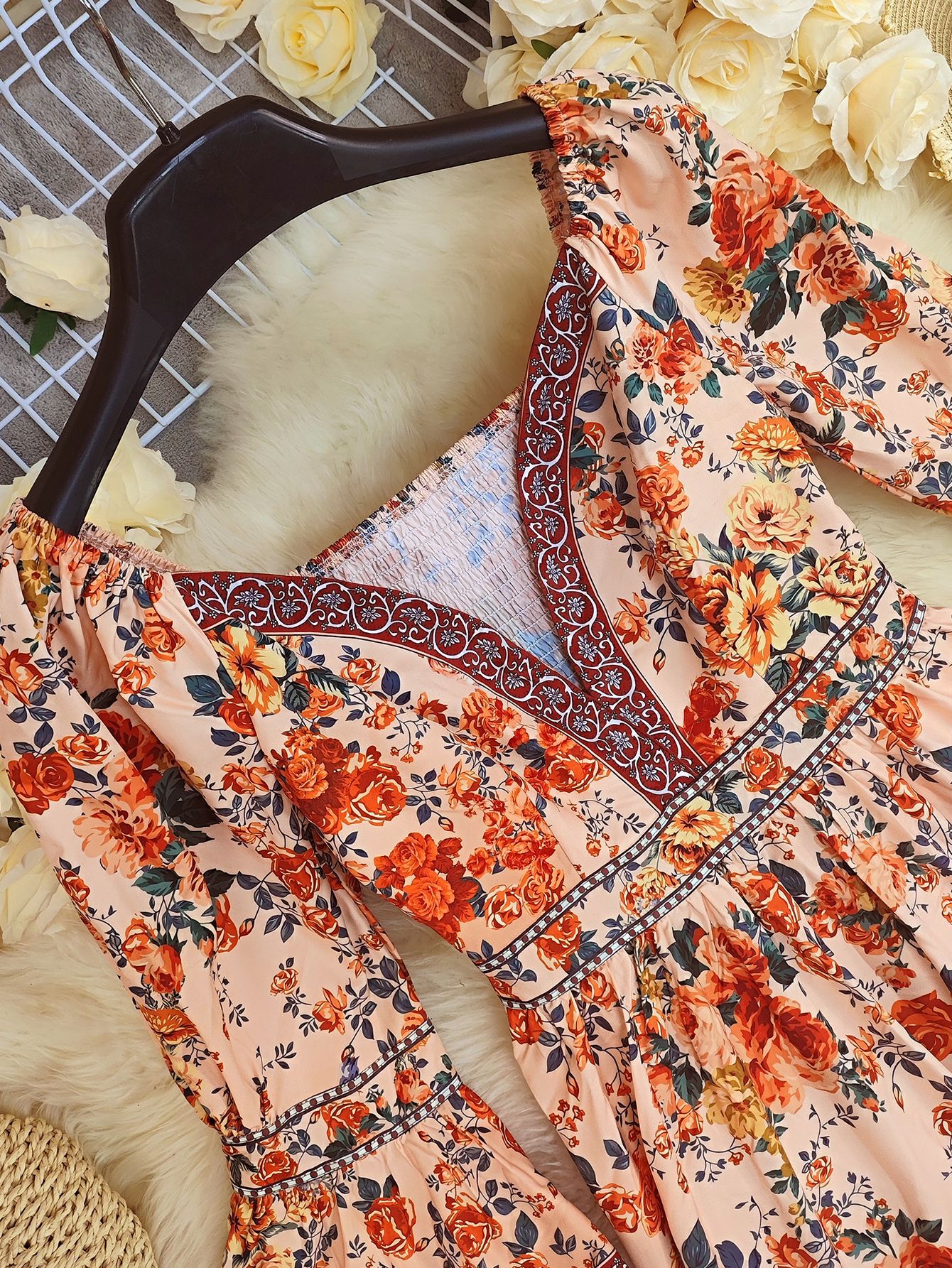 Bohemian Floral Maxi Dress V-Neck Empire Waist Dress Floor Length Party Dress